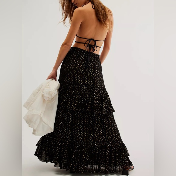 New Rococo Sand x Free People Aine Lg 14/16 Black Gold Metallic Tiered Maxi - Picture 3 of 12